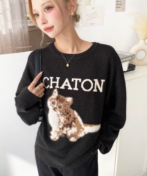 セール】Wジャガードドッグ&キャット長袖ニットプルオーバー（ニット