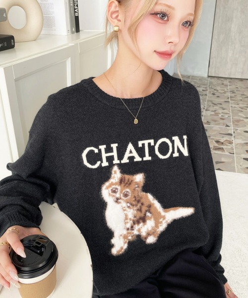 セール】Wジャガードドッグ&キャット長袖ニットプルオーバー(ニット セール】Wジャガードドッグ&キャット長袖ニットプルオーバー(ニット