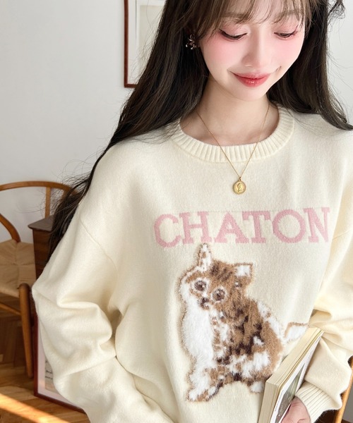 moment+(モーメントプラス)の「Wジャガードドッグ&キャットニットプルオーバー(ニット/セーター・レディース・ネイビー/グレー/チャコールグレー/アイボリー/ホワイト系/グレー系/ネイビー系・M)」の8枚目の写真
