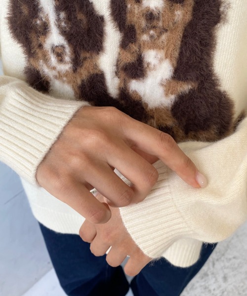 moment+(モーメントプラス)の「Wジャガードドッグ&キャットニットプルオーバー(ニット/セーター・レディース・ネイビー/グレー/チャコールグレー/アイボリー/ホワイト系/グレー系/ネイビー系・M)」の12枚目の写真