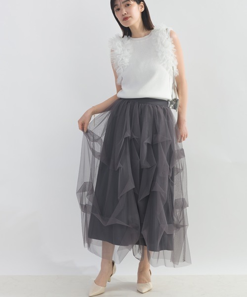 PICCIN PERLA（ピッチンペルラ）の「フリルチュールノースリーブニット（ニット/セーター・レディース・ブラック/オフホワイト・M）」の7枚目の写真