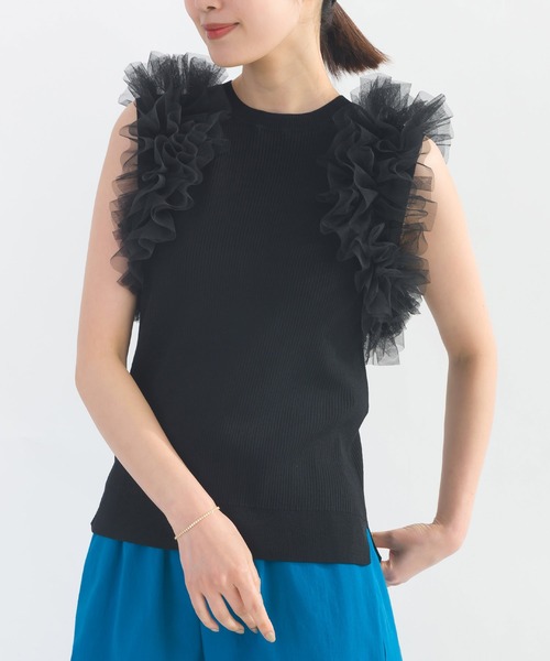 PICCIN PERLA（ピッチンペルラ）の「フリルチュールノースリーブニット（ニット/セーター・レディース・ブラック/オフホワイト・M）」の19枚目の写真