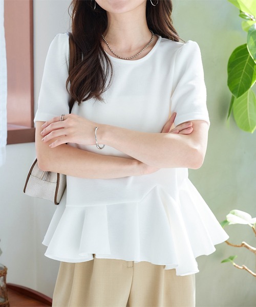 Brown&Street アシンメトリーペプラムボーダーTシャツ カットソー レディース ホワイト 半袖 トップス 丸首 おしゃれ 新品 アシンメトリーペプラムボーダーT / Brown&Street（ブラウン