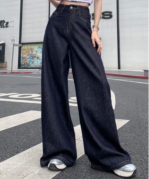 ワンウォッシュ ハイウエスト デニム パンツ ワイド 韓国 nr9887 セール】ワンウォッシュワイドデニムパンツ(デニムパンツ