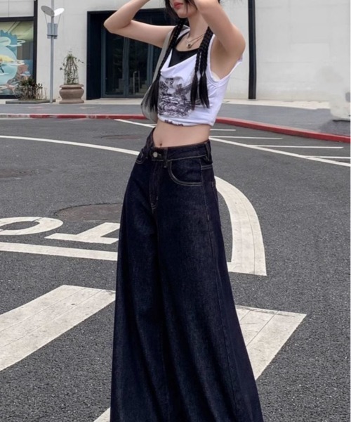 ワンウォッシュ ハイウエスト デニム パンツ ワイド 韓国 nr9887 ワンフォークロージング 1111clothing デニム ワイドパンツ