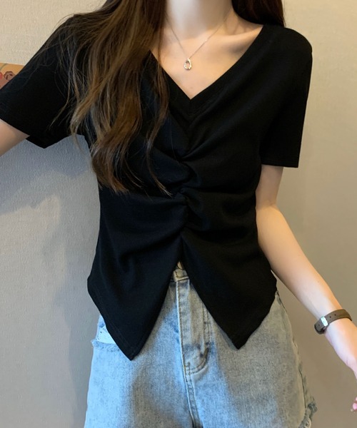 2ly2（トゥーリートゥー）の「くしゅっとギャザーで細見え◎フロント絞りTシャツ（Tシャツ/カットソー・レディース・ホワイト/ベージュ/ブラック・FREE）」の15枚目の写真