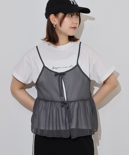 atONE(アットワン)の「シフォンビスチェキャミ+天竺ロゴプリントTシャツアンサンブル(Tシャツ/カットソー・レディース・ブラック/ブルーグレー/チャコール・M/L/LL/3L)」の3枚目の写真
