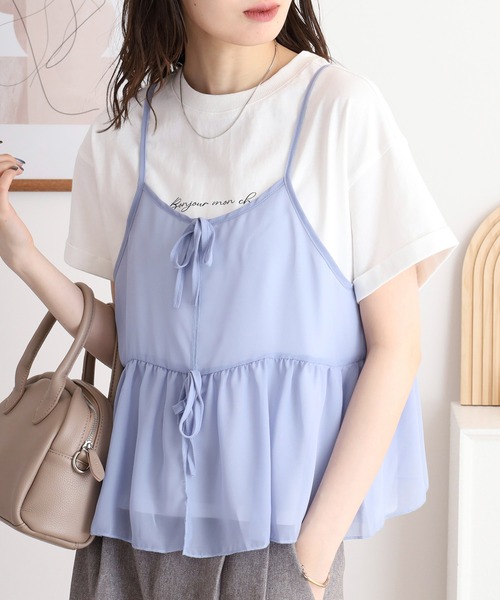 atONE(アットワン)の「シフォンビスチェキャミ+天竺ロゴプリントTシャツアンサンブル(Tシャツ/カットソー・レディース・ブラック/ブルーグレー/チャコール・M/L/LL/3L)」の1枚目の写真