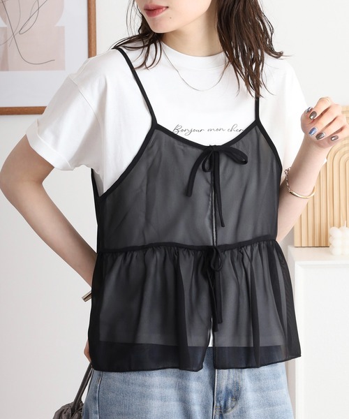 atONE(アットワン)の「シフォンビスチェキャミ+天竺ロゴプリントTシャツアンサンブル(Tシャツ/カットソー・レディース・ブラック/ブルーグレー/チャコール・M/L/LL/3L)」の2枚目の写真