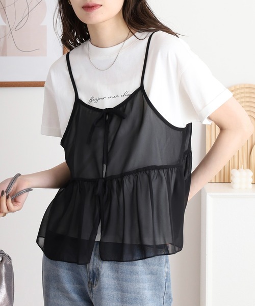 atONE(アットワン)の「シフォンビスチェキャミ+天竺ロゴプリントTシャツアンサンブル(Tシャツ/カットソー・レディース・ブラック/ブルーグレー/チャコール・M/L/LL/3L)」の12枚目の写真