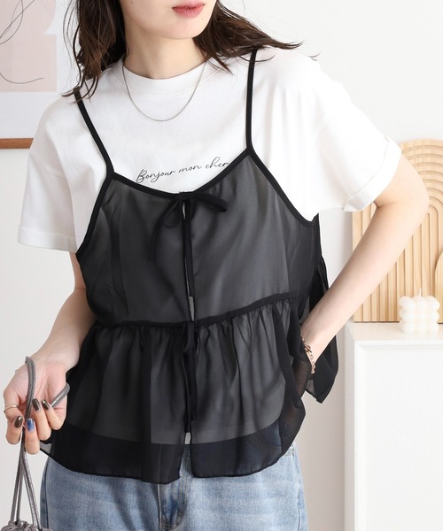 atONE(アットワン)の「シフォンビスチェキャミ+天竺ロゴプリントTシャツアンサンブル(Tシャツ/カットソー・レディース・ブラック/ブルーグレー/チャコール・M/L/LL/3L)」の13枚目の写真