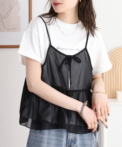 atONE(アットワン)の「シフォンビスチェキャミ+天竺ロゴプリントTシャツアンサンブル(Tシャツ/カットソー・レディース・ブラック/ブルーグレー/チャコール・M/L/LL/3L)」の14枚目の写真