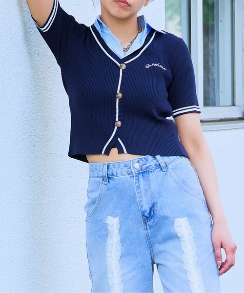 GORGE(ゴージ)の「《シャツ襟×カーディガン風》レディース クロップドトップス レイヤード風 春夏秋(Tシャツ/カットソー・レディース・ベージュ/ネイビー/グレー/ボルドー・F)」の3枚目の写真