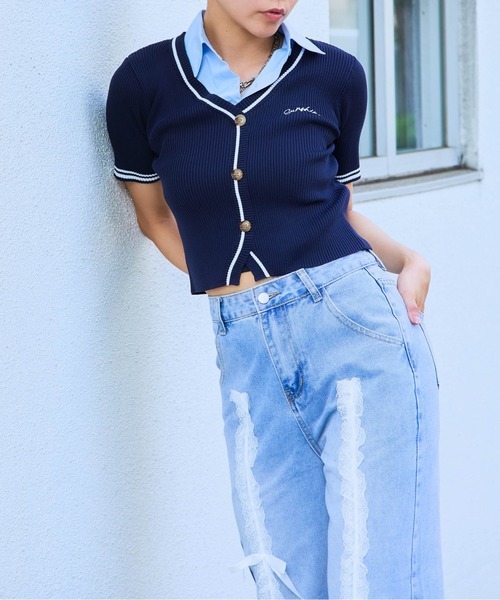 セール】《シャツ襟×カーディガン風》レディース クロップドトップス