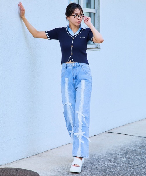 セール】《シャツ襟×カーディガン風》レディース クロップドトップス