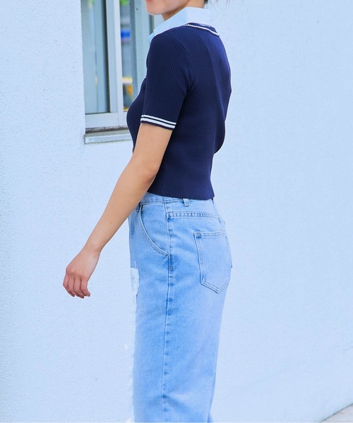 GORGE(ゴージ)の「《シャツ襟×カーディガン風》レディース クロップドトップス レイヤード風 春夏秋(Tシャツ/カットソー・レディース・ベージュ/ネイビー/グレー/ボルドー・F)」の10枚目の写真