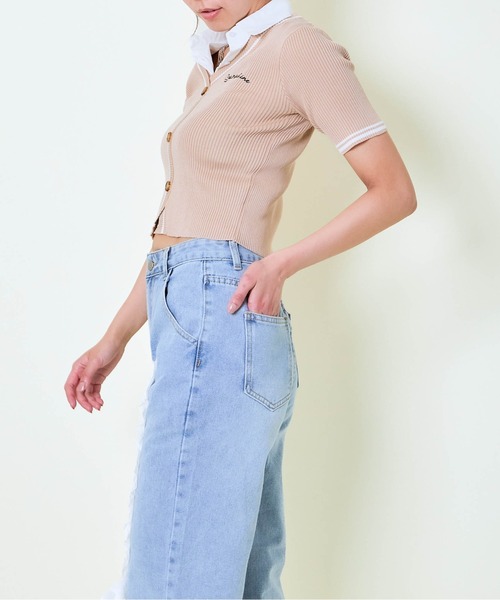 セール】《シャツ襟×カーディガン風》レディース クロップドトップス