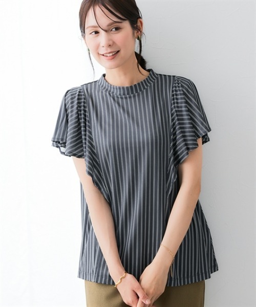 7days Life Styling(セブンデイズライフスタイリング)の「カットソー素材 ストライプ柄バタフライ半袖ブラウス(シャツ/ブラウス・レディース・ネイビー/オフホワイト・M/LL/L/3L)」の2枚目の写真
