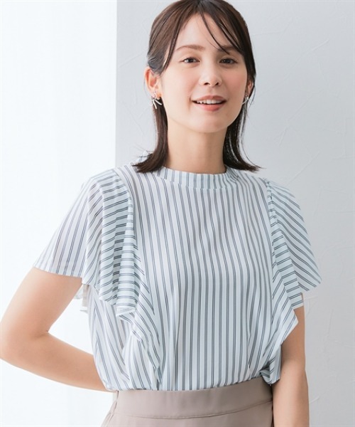 7days Life Styling(セブンデイズライフスタイリング)の「カットソー素材 ストライプ柄バタフライ半袖ブラウス(シャツ/ブラウス・レディース・ネイビー/オフホワイト・M/LL/L/3L)」の1枚目の写真