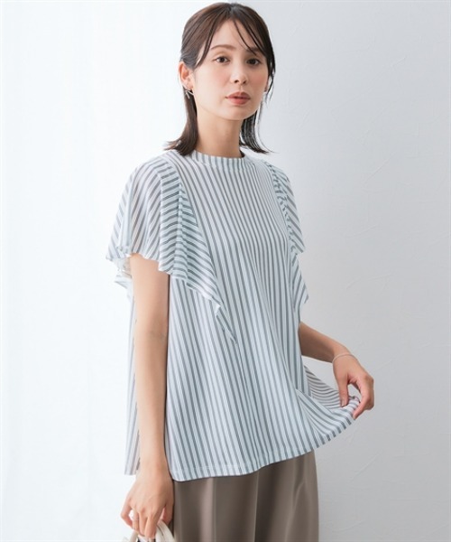7days Life Styling(セブンデイズライフスタイリング)の「カットソー素材 ストライプ柄バタフライ半袖ブラウス(シャツ/ブラウス・レディース・ネイビー/オフホワイト・M/LL/L/3L)」の3枚目の写真