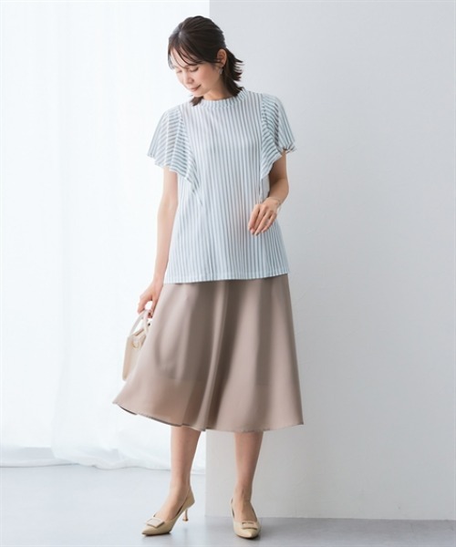 7days Life Styling(セブンデイズライフスタイリング)の「カットソー素材 ストライプ柄バタフライ半袖ブラウス(シャツ/ブラウス・レディース・ネイビー/オフホワイト・M/LL/L/3L)」の4枚目の写真
