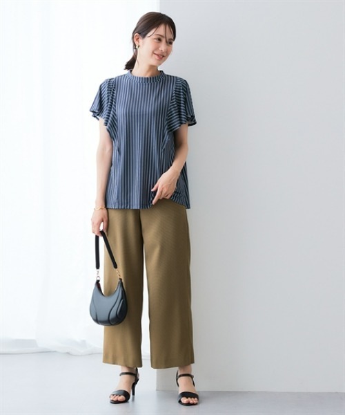 7days Life Styling(セブンデイズライフスタイリング)の「カットソー素材 ストライプ柄バタフライ半袖ブラウス(シャツ/ブラウス・レディース・ネイビー/オフホワイト・M/LL/L/3L)」の6枚目の写真