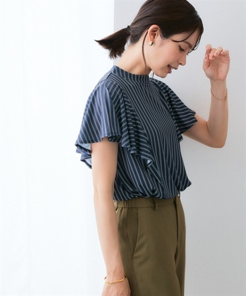 7days Life Styling(セブンデイズライフスタイリング)の「カットソー素材 ストライプ柄バタフライ半袖ブラウス(シャツ/ブラウス・レディース・ネイビー/オフホワイト・M/LL/L/3L)」の8枚目の写真