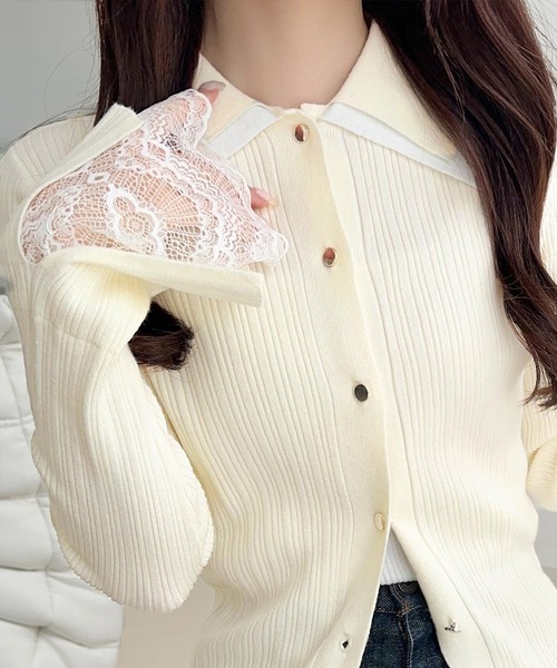 mily bilet(ミウィビレット)の「【mily bilet】トレンド感抜群のレトロクラシック♪ダブル襟袖レースニットプルオーバー(カーディガン/ボレロ・レディース・グレー/ブラウン/アイボリー・X-LARGE/SMALL/MEDIUM/LARGE)」の1枚目の写真