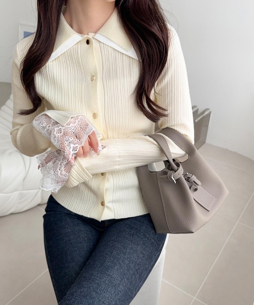 mily bilet(ミウィビレット)の「【mily bilet】トレンド感抜群のレトロクラシック♪ダブル襟袖レースニットプルオーバー(カーディガン/ボレロ・レディース・グレー/ブラウン/アイボリー・X-LARGE/SMALL/MEDIUM/LARGE)」の8枚目の写真