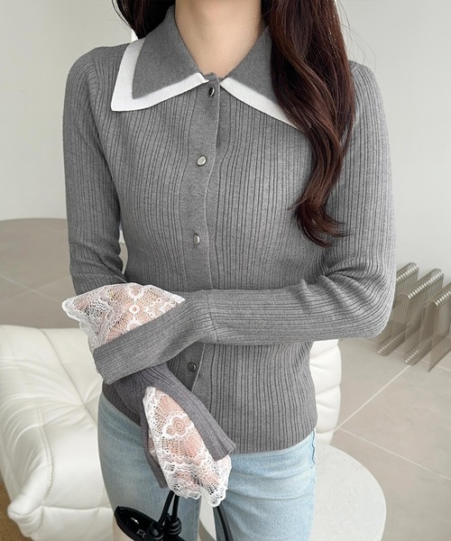 mily bilet(ミウィビレット)の「【mily bilet】トレンド感抜群のレトロクラシック♪ダブル襟袖レースニットプルオーバー(カーディガン/ボレロ・レディース・グレー/ブラウン/アイボリー・X-LARGE/SMALL/MEDIUM/LARGE)」の16枚目の写真