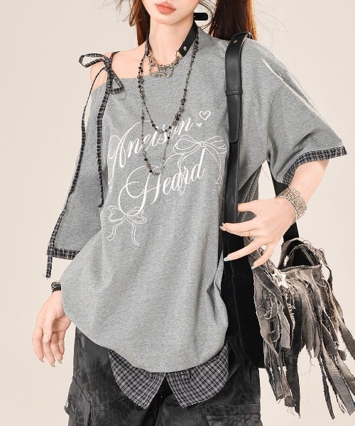 tシャツ A'GEM/9 × .kom 「.KOM/ドットケーオーエム」チェックレイヤードカットソー レディース A'GEM/9 × .kom 『.KOM/ドットケーオーエム』チェックレイヤード