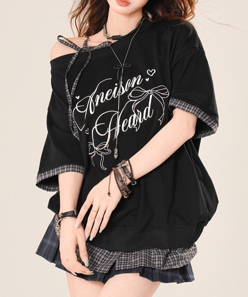 tシャツ A'GEM/9 × .kom 「.KOM/ドットケーオーエム」チェックレイヤードカットソー レディース A'GEM/9 × .kom 『.KOM/ドットケーオーエム』チェックレイヤード