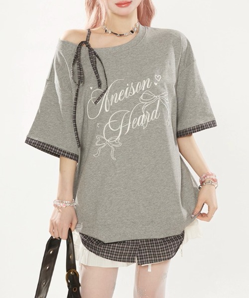 tシャツ A'GEM/9 × .kom 「.KOM/ドットケーオーエム」チェックレイヤードカットソー レディース A'GEM/9 × .kom 『.KOM/ドットケーオーエム』チェックレイヤード