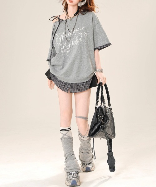 tシャツ A'GEM/9 × .kom 「.KOM/ドットケーオーエム」チェックレイヤードカットソー レディース A'GEM/9 × .kom 『.KOM/ドットケーオーエム』チェックレイヤード