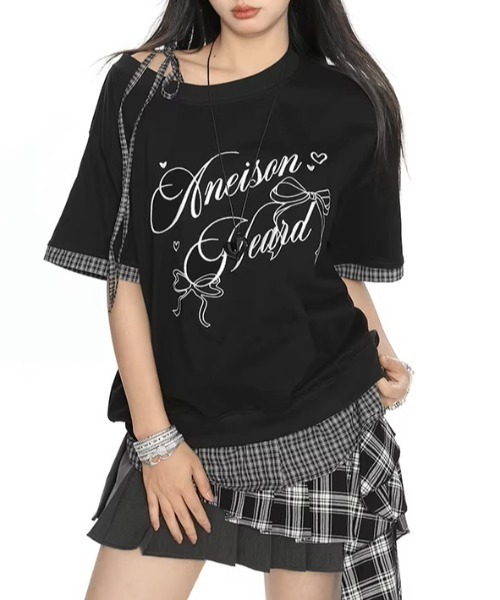 tシャツ A'GEM/9 × .kom 「.KOM/ドットケーオーエム」チェックレイヤードカットソー レディース A'GEM/9 × .kom 『.KOM/ドットケーオーエム』チェックレイヤード