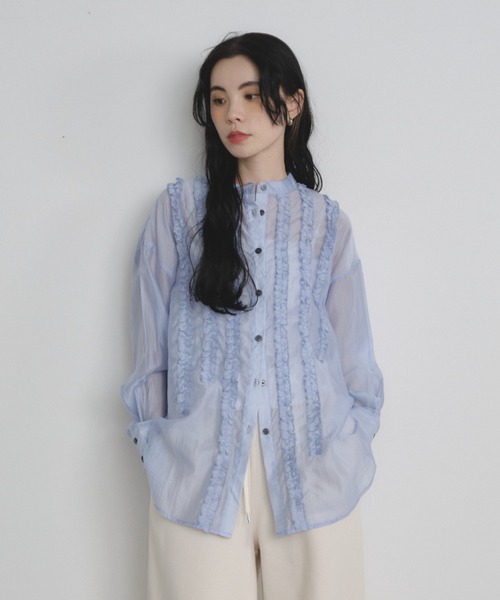 Shelly island（シェリーアイランド）の「フリルシアースタンドカラーシャツ（シャツ/ブラウス・レディース・ホワイト/ブラウン/ライトブルー・FREE）」の3枚目の写真