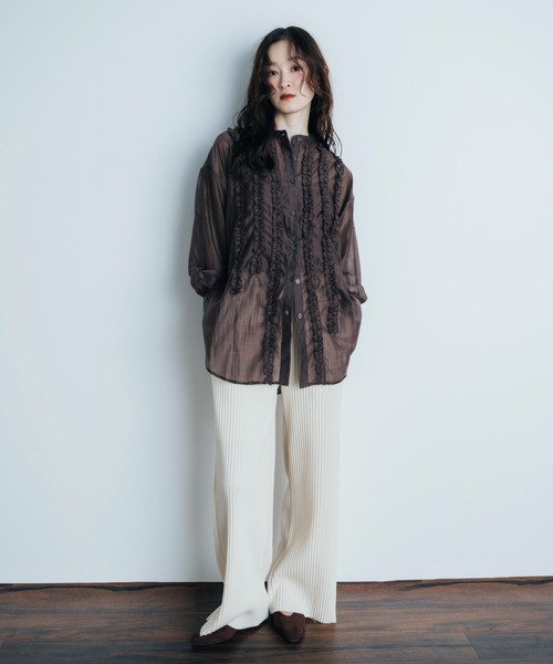 Shelly island（シェリーアイランド）の「フリルシアースタンドカラーシャツ（シャツ/ブラウス・レディース・ホワイト/ブラウン/ライトブルー・FREE）」の21枚目の写真