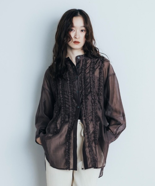 Shelly island（シェリーアイランド）の「フリルシアースタンドカラーシャツ（シャツ/ブラウス・レディース・ホワイト/ブラウン/ライトブルー・FREE）」の15枚目の写真