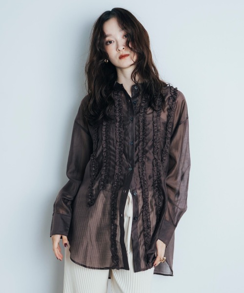 Shelly island（シェリーアイランド）の「フリルシアースタンドカラーシャツ（シャツ/ブラウス・レディース・ホワイト/ブラウン/ライトブルー・FREE）」の16枚目の写真