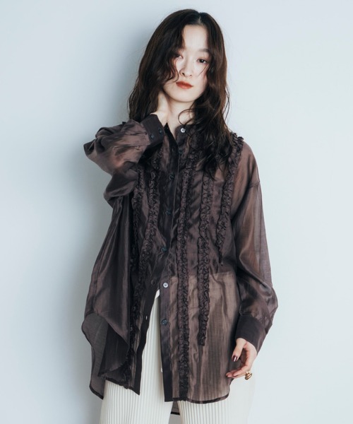 Shelly island（シェリーアイランド）の「フリルシアースタンドカラーシャツ（シャツ/ブラウス・レディース・ホワイト/ブラウン/ライトブルー・FREE）」の20枚目の写真