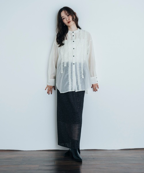 Shelly island（シェリーアイランド）の「フリルシアースタンドカラーシャツ（シャツ/ブラウス・レディース・ホワイト/ブラウン/ライトブルー・FREE）」の10枚目の写真