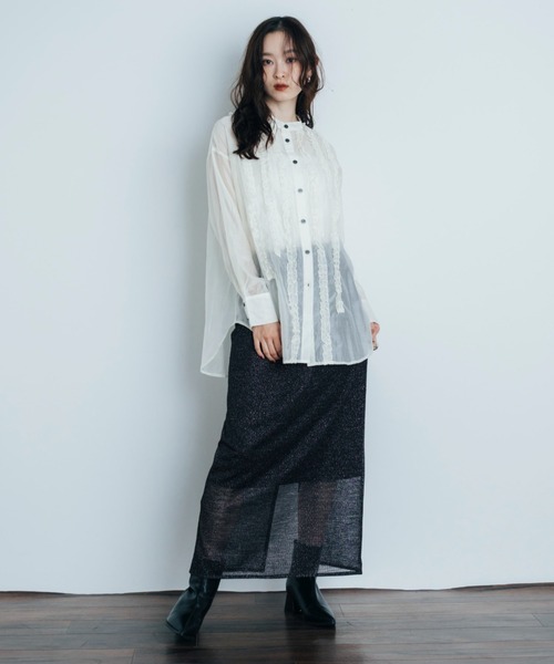 Shelly island（シェリーアイランド）の「フリルシアースタンドカラーシャツ（シャツ/ブラウス・レディース・ホワイト/ブラウン/ライトブルー・FREE）」の6枚目の写真