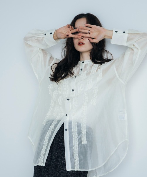 Shelly island（シェリーアイランド）の「フリルシアースタンドカラーシャツ（シャツ/ブラウス・レディース・ホワイト/ブラウン/ライトブルー・FREE）」の9枚目の写真