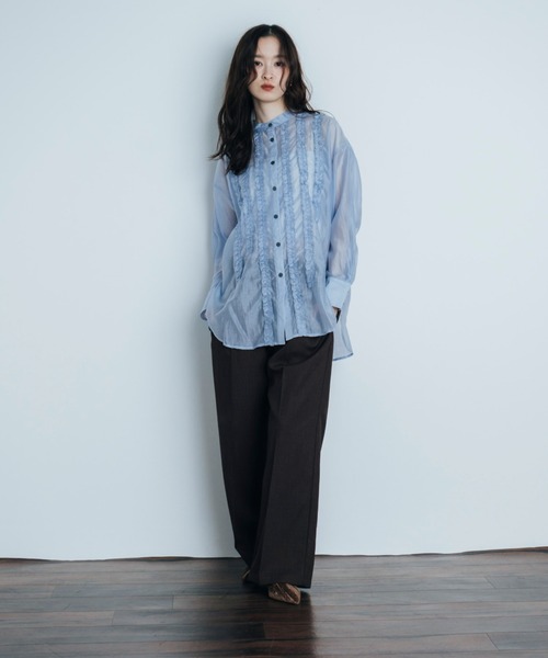 Shelly island（シェリーアイランド）の「フリルシアースタンドカラーシャツ（シャツ/ブラウス・レディース・ホワイト/ブラウン/ライトブルー・FREE）」の12枚目の写真