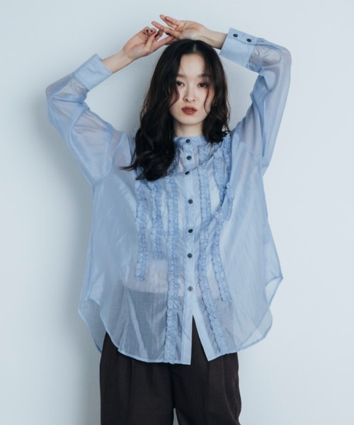 Shelly island（シェリーアイランド）の「フリルシアースタンドカラーシャツ（シャツ/ブラウス・レディース・ホワイト/ブラウン/ライトブルー・FREE）」の11枚目の写真