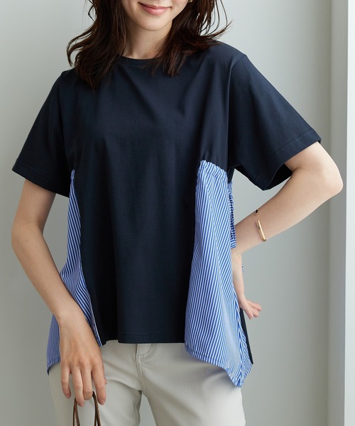 BELLUNA PLUS(ベルーナ)の「サイドリボン使い異素材切替プルオーバー(Tシャツ/カットソー・レディース・セージグリーン/ネイビー系・LARGE/X-LARGE/MEDIUM)」の2枚目の写真