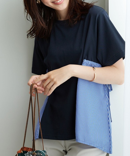 BELLUNA PLUS(ベルーナ)の「サイドリボン使い異素材切替プルオーバー(Tシャツ/カットソー・レディース・セージグリーン/ネイビー系・LARGE/X-LARGE/MEDIUM)」の3枚目の写真