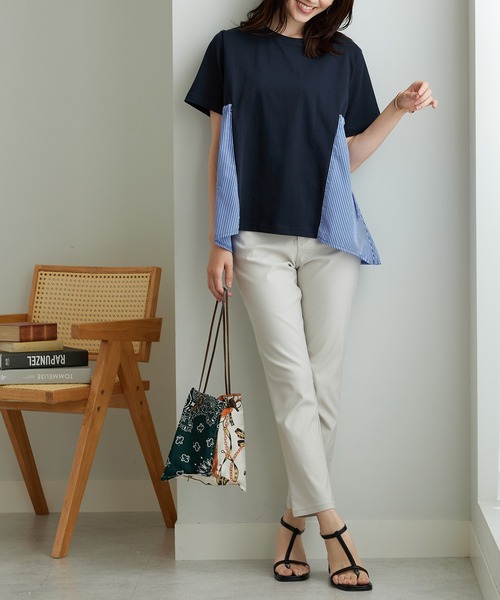 BELLUNA PLUS(ベルーナ)の「サイドリボン使い異素材切替プルオーバー(Tシャツ/カットソー・レディース・セージグリーン/ネイビー系・LARGE/X-LARGE/MEDIUM)」の8枚目の写真