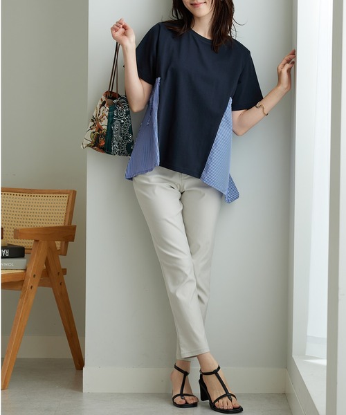 BELLUNA PLUS(ベルーナ)の「サイドリボン使い異素材切替プルオーバー(Tシャツ/カットソー・レディース・セージグリーン/ネイビー系・LARGE/X-LARGE/MEDIUM)」の9枚目の写真