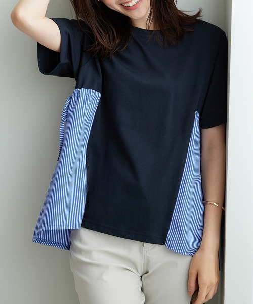 BELLUNA PLUS(ベルーナ)の「サイドリボン使い異素材切替プルオーバー(Tシャツ/カットソー・レディース・セージグリーン/ネイビー系・LARGE/X-LARGE/MEDIUM)」の4枚目の写真
